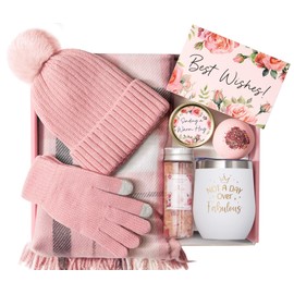 Valentines Day Gifts for Her, Relaxing Spa Gifts for Women Self Care Gift Care Package Unique Birthday Gifts for Women Friend Her Mom Sister Wife Daughter w/Winter Beanie Hat Plaid Scarf Gloves Set