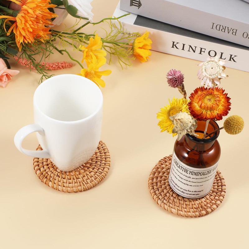Oruola 2pcs Rattan Placemats,10cm Diameter Handmade Woven Coasters,Natural Rattan Placemats