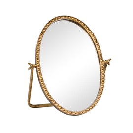 GIFTTROVE Vintage Desk Makeup Mirror, 12" L x 7.9" W Antique Gold Vanity Table Mirrors, Metal Framed Oval Small Standing Mirrors with Beaded, 360 Adjustable Rotation for Tabletop, Bedroom