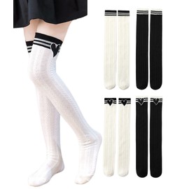 ZGKULAEAOW Knee High Socks, Kids Socks, Spring and Autumn, Elementary School Students, Line, Heart, Above Knee, Mesh, Long, Over Knee Socks, High Socks, No Heels, White *2 design