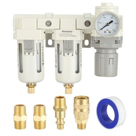 3/8" NPT Three Stage Air Drying System - 0.01 Micron Particulate Filter Air Pressure Regulator Combo - 0-125psi Gauge, Semi-Auto Drain, Metal Bracket