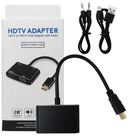 GruDawu 2025 Upgrade HDMI to VGA+HDMI Adapter, 2-in-1 HDMI to VGA & HDMI Adapter 1080P HD Supports Video & Audio Transmission from PC/Laptop to Monitor/HDTV/Projector Without Delay