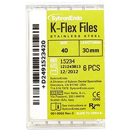 SybronEndo 15234 Endo Hand K-Flex File, 0.02mm Taper, 30mm Length, Stainless Steel, 40 Tip Size, Black, Pack of 6