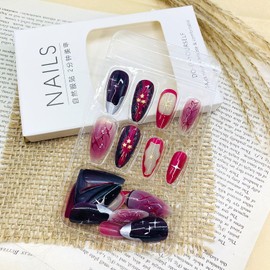 LWTZLW French Tip Press on Nails Star Medium Almond Fake Nails 3D Decoration French Tip Full Cover Glue on Nails Red Black Gradient Oval Acrylic False Nails Glossy Artificial Nail Reusable for Women