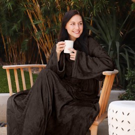 Catalonia Classy Wearable Snuggle Blanket with Sleeves and Pocket, Soft Cosy Fleece Slankets for Women Fluffy Plush Throws Winter TV Blanket for Sofa Couch 185 x 130 cm, Brown