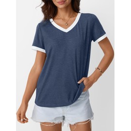 AUTOMET Womens Short Sleeve T-Shirts Summer Tops Casual Soft Tunic V Neck Basic Tees Workout Clothes Spring Fashion Outfits 2025 Navy L