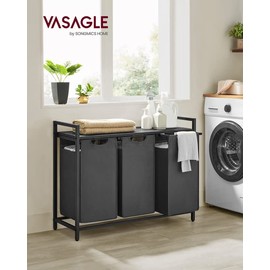 VASAGLE Laundry Hamper, Laundry Basket, Laundry Sorter with 3 Pull-Out and Removable Bags, Shelf, Metal Frame, 3 x 10.6 Gallons (40 L), 36.4 x 13 x 28.4 Inches, Slate Gray and Charcoal Gray UBLH301G01