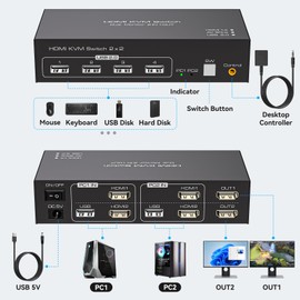 HDMI KVM Switch 2 Monitors 2 Computers 4K@30Hz USB2.0 KVM Switch Dual Monitor for 2 PC Share 2 Monitor and Keyboard Mouse Printer U Disk Support Extended/Copy Mode Witch Wired Controller&2 USB Cables
