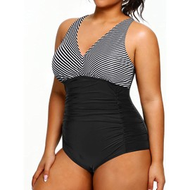 Aqua Eve Women Plus Size One Piece Swimsuits V Neck Tummy Control Bathing Suits Retro Ruched Swimwear Striped 18 Plus