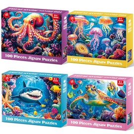 4 Pack 100 Piece Puzzles for Kids Ages 4-8, Large Piece Kids Puzzles Ages 4-6 6-8 8-10, Ocean Theme Jigsaw Puzzle Toys, Educational Family Puzzles Gifts for Boys and Girls