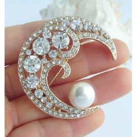 1.97" Pearl Austrian Crystal Half Moon Brooch Pin Pendant UKB5817 (Gold-Tone Clear)