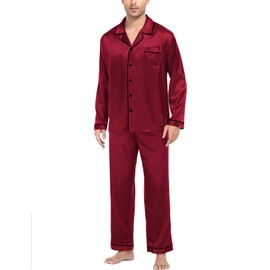SWOMOG Mens Silk Satin Pajamas Set Long Sleeve Sleepwear Button-Down Pj Two-piece Loungewear with Long Pants (Wine Red，Small)