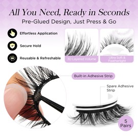 BEYELIAN Self Adhesive Eyelashes Natural Look, Reusable Pre Glued Lashes No Glue Required, Faux Mink Wispy False Press on Lashes 5 Pairs