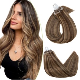 S-noilite Micro Loop Hair Extensions Human Hair50 Strands 50g PreBonded Invisible Micro Beads Micro Ring Hair Extensions Highlights Tip Hair Extensions(18",Medium Brown & Dark Blonde 4P27)