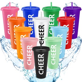 Layhit Cheer Teams Gifts Cheer Tumbler Cups Bulk 24 oz Reusable Cheer Plastic Tumbler with Straw and Lid Cheer Water Bottles for Girls Team(Multicolored, 12 Sets)