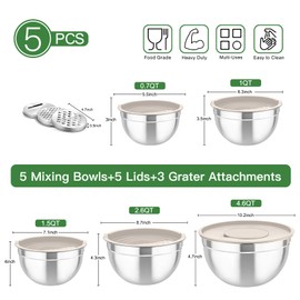 TeamFar Mixing Bowls with Airtight Lids, 5PCS Stainless Steel Metal Salad Bowl with 3 Grater Attachments, for Cooking, Prepping, Serving, Healthy & Easy Clean - 0.7/1/1.5/2.6/4.6QT, Khaki