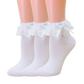 SRYL Women Ankle Socks,Lace Ruffle Frilly Comfortable Princess Socks (3 Pairs-white)
