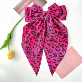 Leopard Hair Clips for Women YEFIUO Bow Hair Ties No Damage Flat Spring Claw Clips Fall Winter Fashion Streamer Barrettes Hair Accessories Decoration Gifts for Ma'am Girls (Rose Pink)