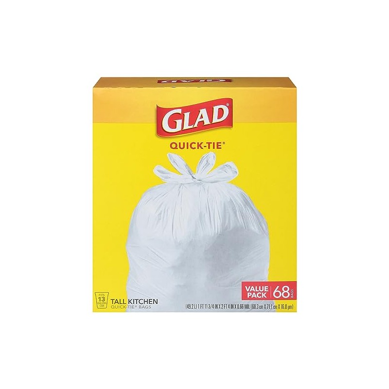 Glad, Quick-Tie Tall Kitchen Trash Bags Value Pack, 68 Count