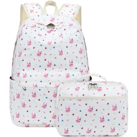 JIANYA Girls Backpack for School, Elementary Kids Backpack with Lunch box Cute Rabbit School Back Bag Bookbag for Girls