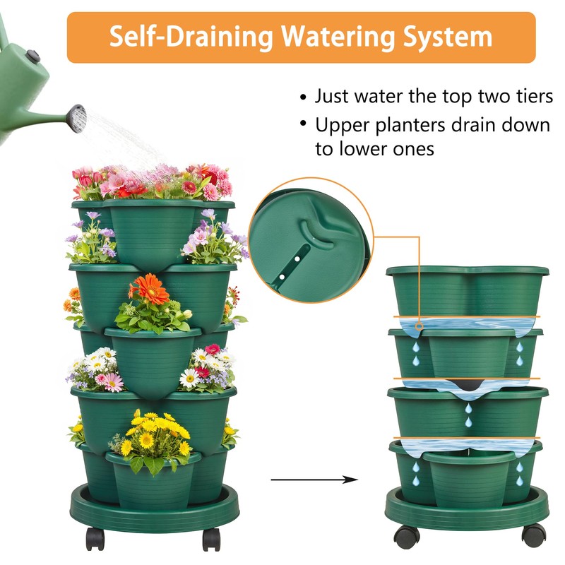 VECELO 5 Tier Vertical Garden Planter, Self Watering Stackable Planters