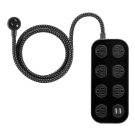 GE Surge Protector, 7 Outlet, 2 USB-A, 2.4A, 1470J, Braided Cord, Power Strip, 4ft, Black, 82593