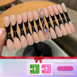 Gufonkod Black French Tip Press on Nails Long Coffin Butterfly Fake Nails with Glue on Nails for Women Rhinestones Acrylic Stick on Nails 24PCS