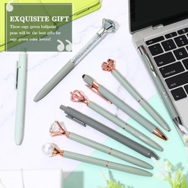 Janmini 9 Pcs Ballpoint Pens Set Metal Crystal Diamond Glitter Pens for Journaling Black Ink Pretty Cute Things Fancy Stationery Gifts for Women Girls Birthday Home Office Desk (Sage Green)