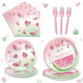 Hombae One in a Melon Party Supplies Juego de vajilla para decoración de primer cumpleaños para niña, decoración de fiesta de sandía, decoración de primer cumpleaños de sandía, platos temáticos de