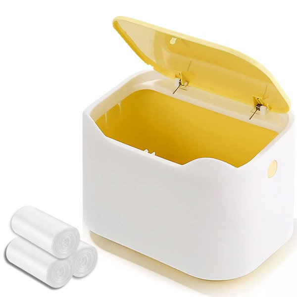 YAGGOOD Mini bin bathroom bin tea bag bin with lid for tabletop, office desktop, bathroom countertop, Small bin in yellow and white color