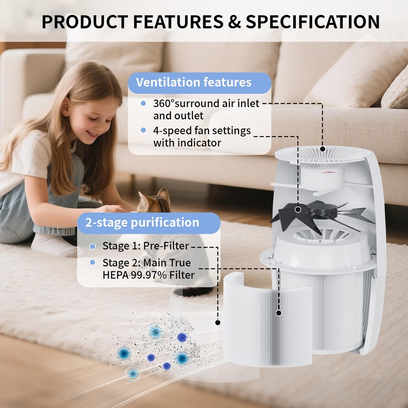 Air Purifiers for Home with Night Light, HEPA Filter Captures