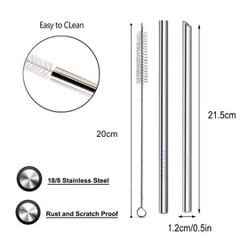 NEWORLD Reusable Stainless Steel Wide Boba Drinking Straws Fat Straws Smoothie/Bubble Tea/Milkshakes Straws with 2 Cleaning Brush & Carry Bag 12mm/0.5" Wide(Silver)