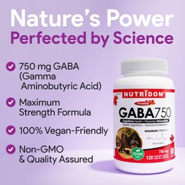 Nutridom GABA 750mg – Maximum Strength Gamma-Aminobutyric Acid – Vegan, Non-GMO, Gluten-Free – Relaxation & Cognitive Support – 120 Vegan Capsules