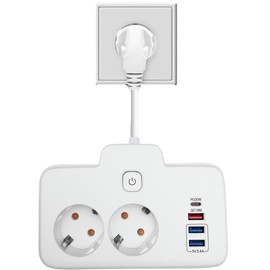 Double Plug for Socket, Power Strip, Distribution Socket Wall Mounted with 3 USB A & 1 USB C, PD 20 W - White