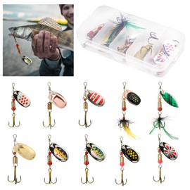 10Pcs Spinner Bait Set with Storage Box, Multi-Coloured Metal Fishing Lures with Rotating Spinners and Treble Hooks, Fishing Lure Kit for Trout Pike Bass Salmon Freshwater and Saltwater Use