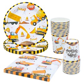Cisolen 60 Pieces Digger Birthday Party Tableware Construction Excavator Party Supplies Party Plates Cups and Napkins Disposable for Children's Theme Birthday Party Shower Decoration