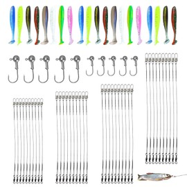 73-Piece Fishing Accessory Set, 40 Pieces Steel Leader Pike 4 Sizes Steel Leader with Buckle and Rotary Shaft, 10 Pieces 5 g/3.5 g Jig Heads, 20 Pieces Rubber Fish, Fishing Accessories for Saltwater