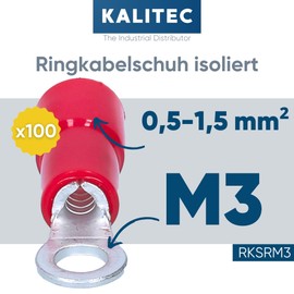 Pack of 100 Kalitec RKSRM3 Ring Cable Lugs 0.5 - 1.5 mm² I Partially Insulated M3 Red I Copper I PVC Collar I for Connecting Cables or Strands I Cable Lug I Cable Connector I Protects Electrical