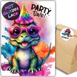 celebr8te 12 x Party Dino Glitter Invitation Cards - Teenager Children's Birthday Boys & Girls - Cool Animal Birthday Invitations + 12 Stickers + 12 Gift Bags
