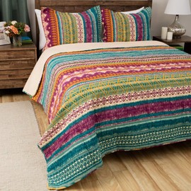 Greenland 3 Piece Southwest Country Lodge Bedding Quilt Print Set, Vibrant Western Colors, Native Tribal Art Motif Pattern, Cotton Reversible Bedding (King)