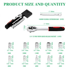 Yauhar 12Pcs 1/4” Ratchet Socket Wrench Set, 4-13 mm Metric Sockets with 2 Way Quick Release Reversible Ratchet Wrench and Extension Bar