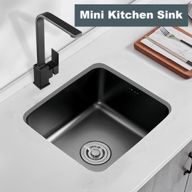 Black Kitchen Sink 15 Inch Undermount Single Bowl Workstation Sink, SUS304 Stainless Steel Bar Square Sink RV Utility Sinks With Accessories (black sink, 15.7x15in)