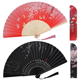 Auiremrti Handheld Fans, Floral Hand Fans, Silk Bamboo Fan with Tassel and Fabric Cover for Dance, Wedding and Party Props, Decoration