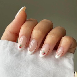 Press on Nails Short - 24pcs Almond False Nails with Cherry Patterns - Nude Natural French Tip Stick on Nails in 12 Sizes - Full Cover Acrylic Nail with Nail File & Sticky Tabs