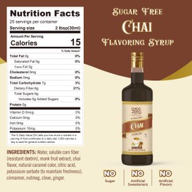 ChocZero Chai Flavoring Syrup, Sugar Free, Monk Fruit Sweetened, Prebiotic Fiber, Keto, Gluten Free, Vegan, No Sugar Alcohols – 25.4 Fluid Ounces