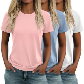 Huukeay 3 Pack Women's Cotton T Shirts Casual Short Sleeve Tunic Tops Crewneck Summer Plain Basic Loose Fit Tee(Light Pink, Macaron Blue, White,Medium)