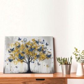 Blue Butterfly Tree Wall Art Golden Tree of Life Picture Abstract Textured Wall Decor Rustic Canvas Print Painting Home Artwork Decoration Gifts for Bathroom Living Room Bedroom Office 12"x16"