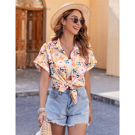 Zeagoo Women's Hawaiian Shirts Short Sleeve Button Up Blouse Summer Luau Party Tropical Print Tunic Top