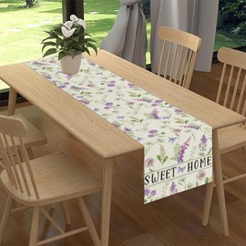 Camino de mesa floral salvaje, rústico de primavera y verano, acuarela de flores moradas, mariposas, plantas botánicas, decoración de centro para el hogar, cocina, comedor, día festivo, fiestas