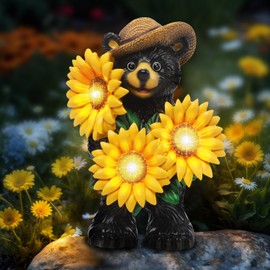 YHSOLAR Bear Statue with Sunflowers LED Light 7.2" Solar Lamp Outdoor Garden Patio Yard Porch Lawn Decor Waterproof Resin Black Bear Figurine Unique Garden Gifts for Women Mom Grandma Sister
